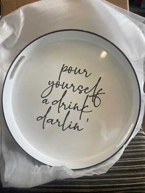 White Round Serving Tray with Black Script Phrase